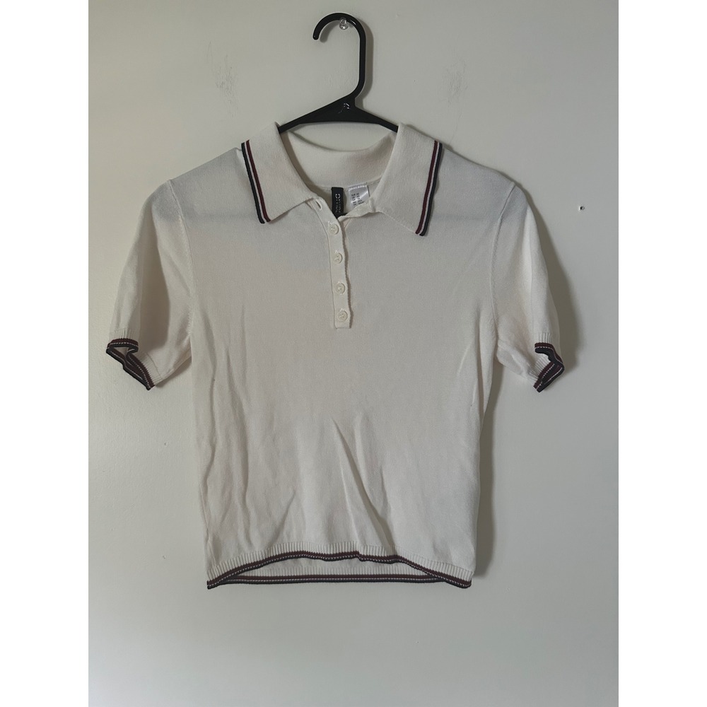 H&M Divided Womens XS Cream Knit Polo Shirt Short Sleeve Tipped Trim Preppy